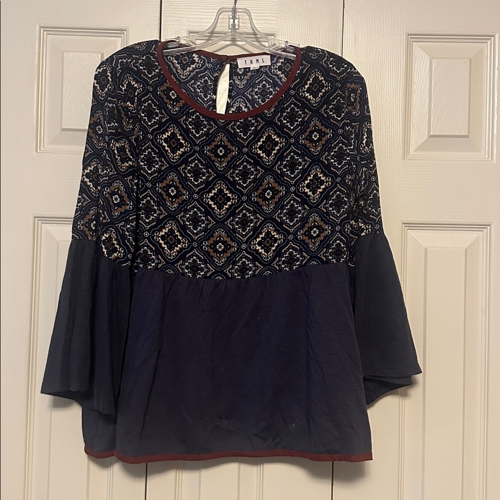 THML Navy and Brown Geometric Blouse